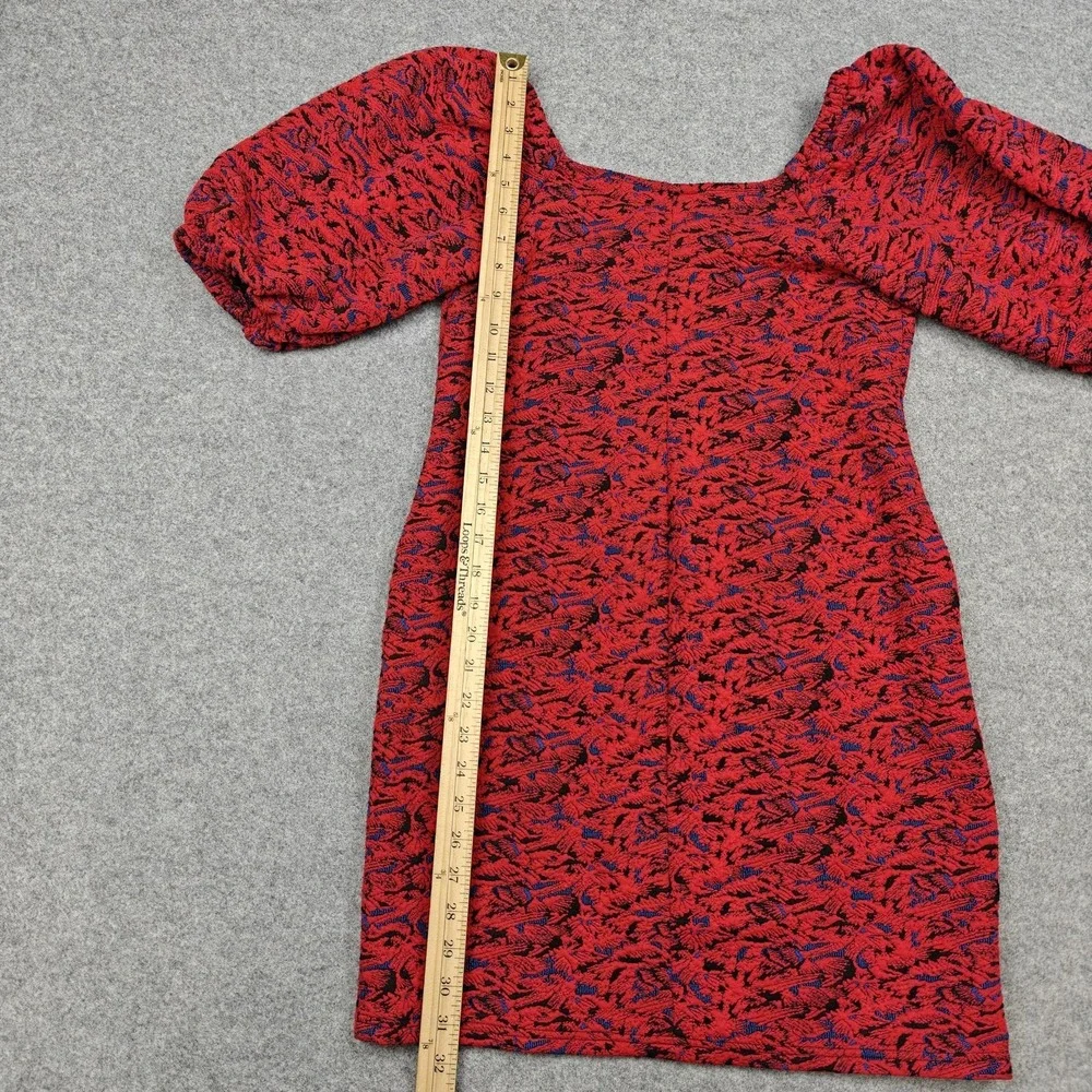 Free‎ People Sunset Dress Womens Small Red Jacquard Puff Sleeve Bodycon Mini